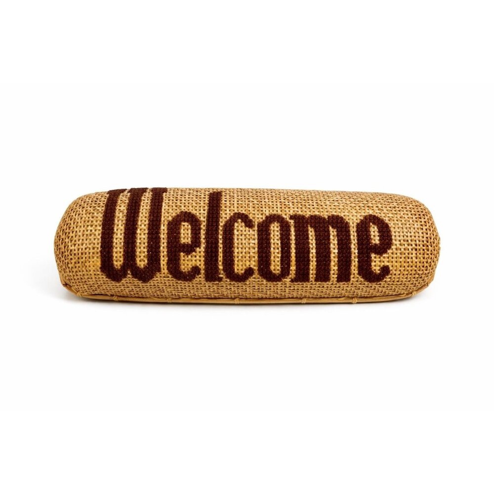 Rattan Wall Sign Basket Welcome Vintage Handmade Cross stitch Unique Yarn Needle